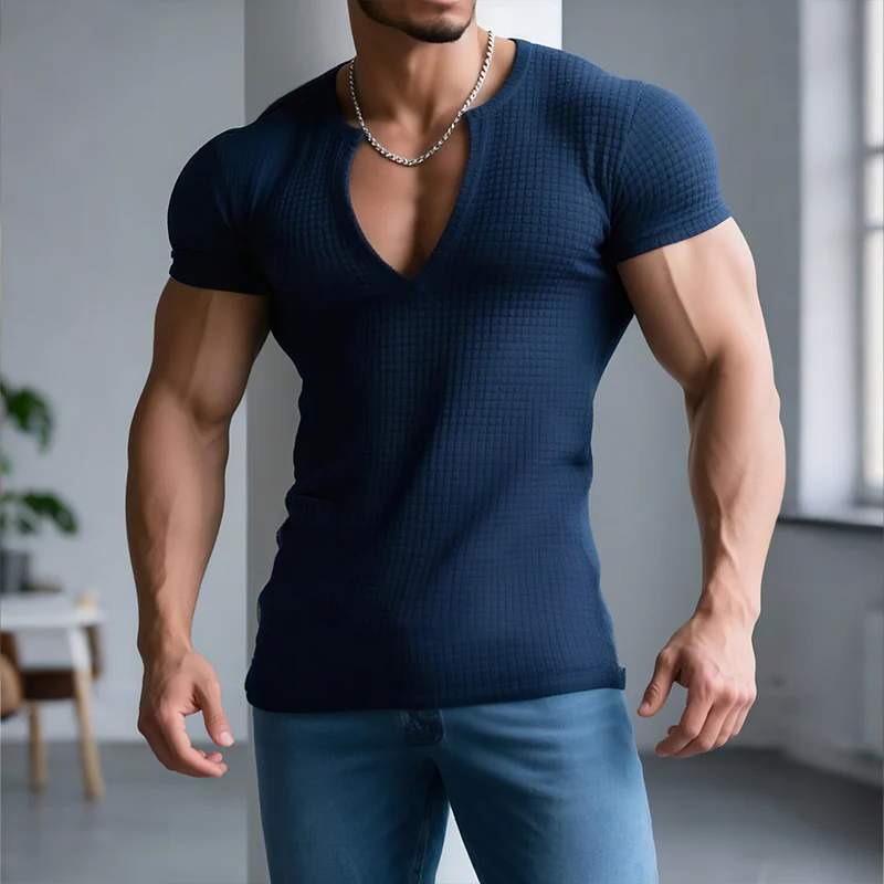 Craig | Men'S Retro Casual Solid Color Waffle V-Neck Short Sleeve T-Shirt - Image 4
