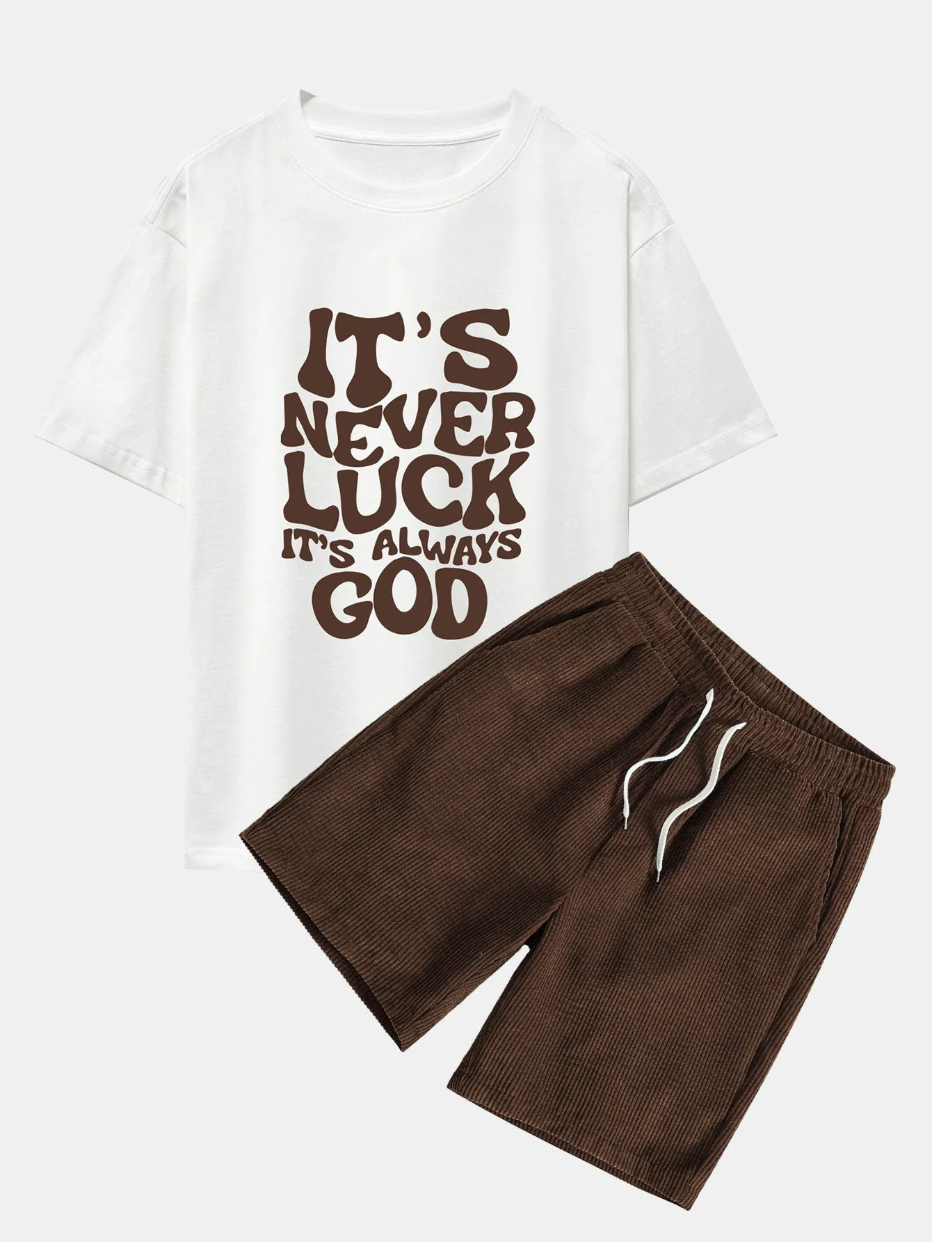 Cristóbal® | God Slogan Print Drop Shoulder Oversize T-Shirt & Drawstring Corduroy Shorts - Image 2