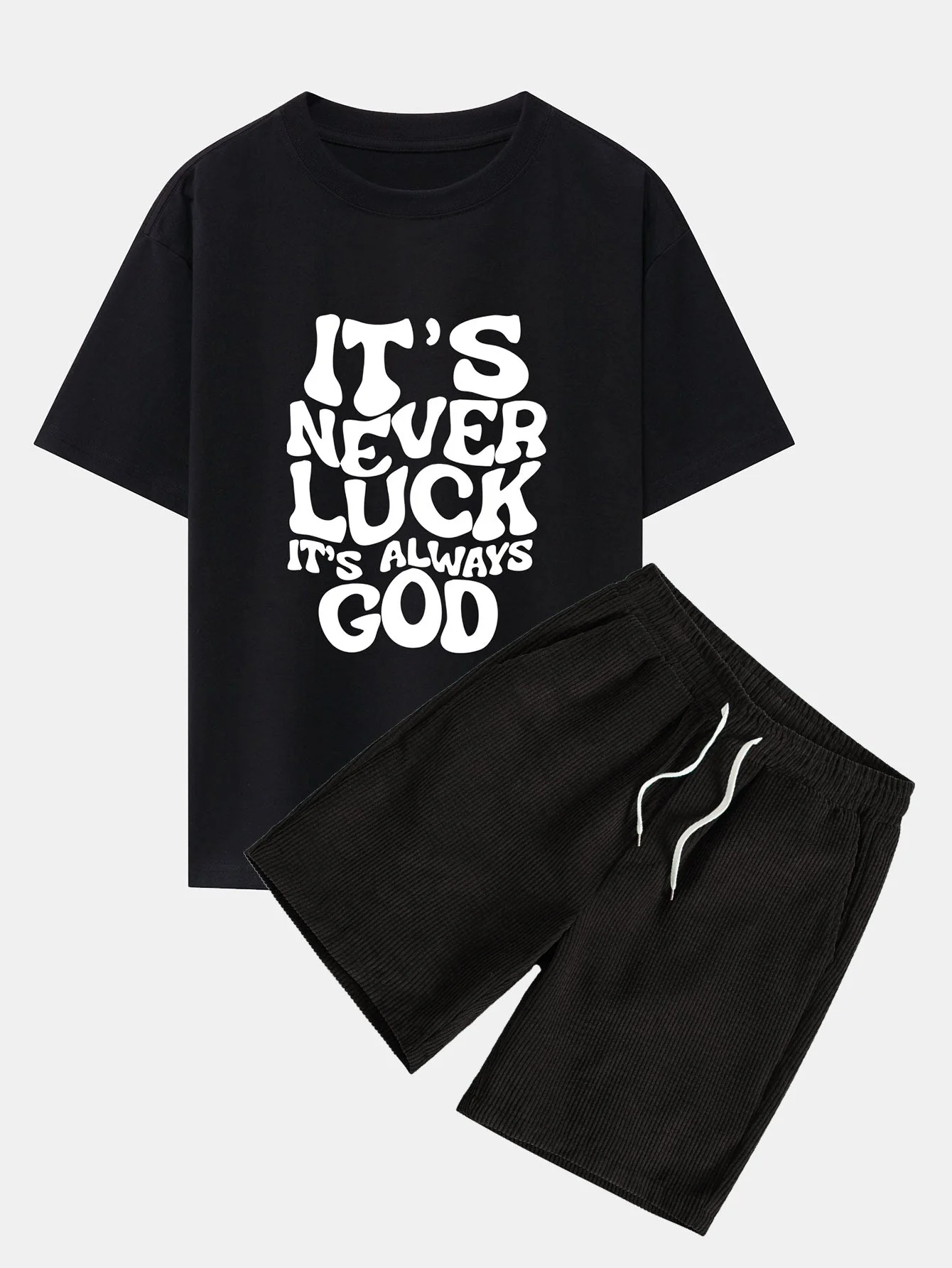Cristóbal® | God Slogan Print Drop Shoulder Oversize T-Shirt & Drawstring Corduroy Shorts - Image 3