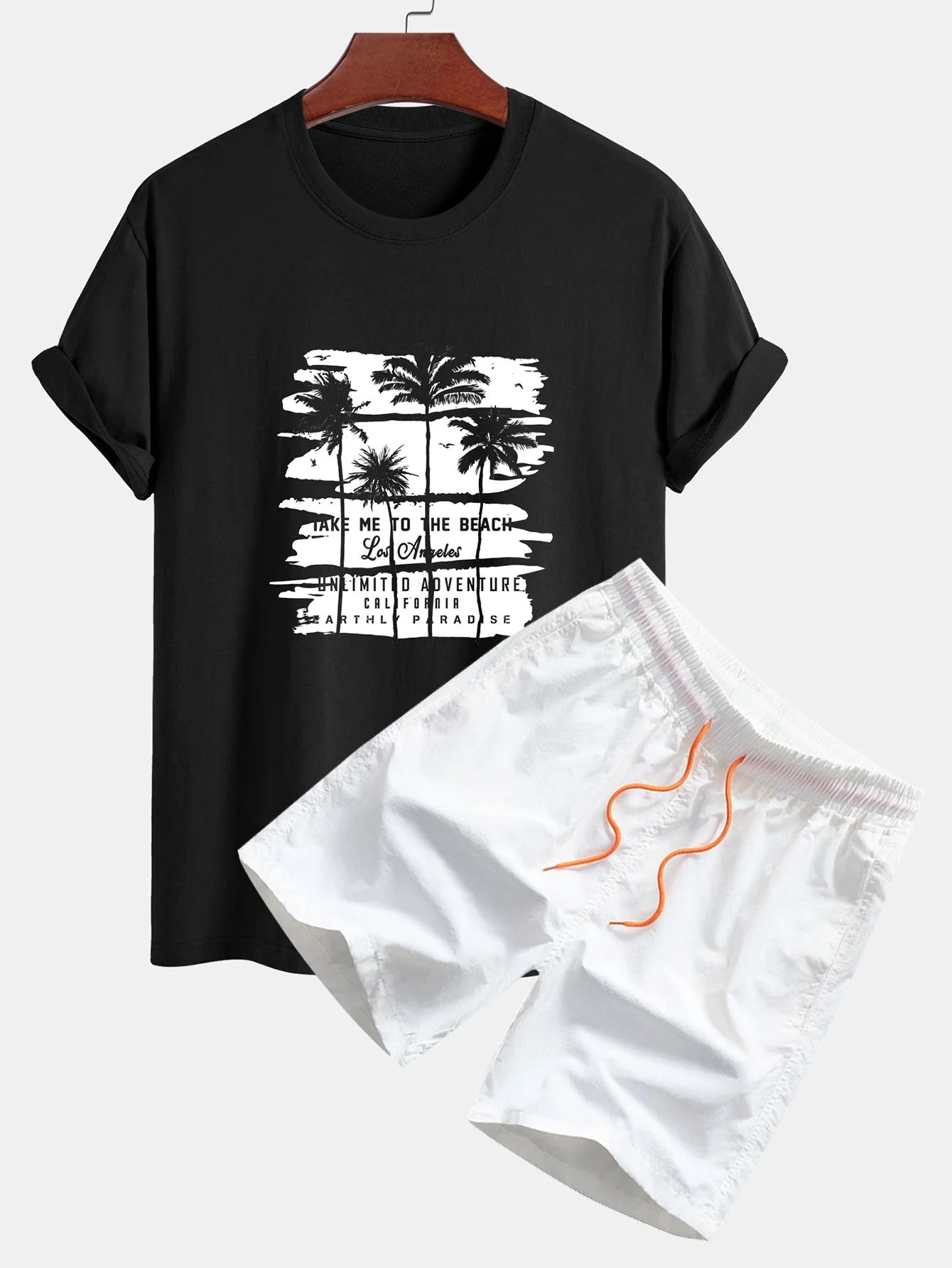 Custodio® | Palm Tree Silhouette Print Cotton T-Shirt & Man Mid Length Drawstring Swim Shorts - Image 4
