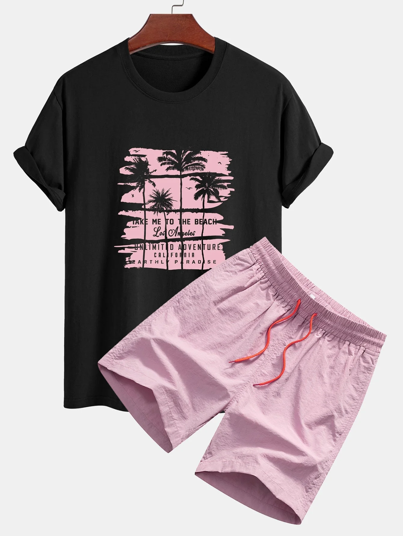 Custodio® | Palm Tree Silhouette Print Cotton T-Shirt & Man Mid Length Drawstring Swim Shorts - Image 6