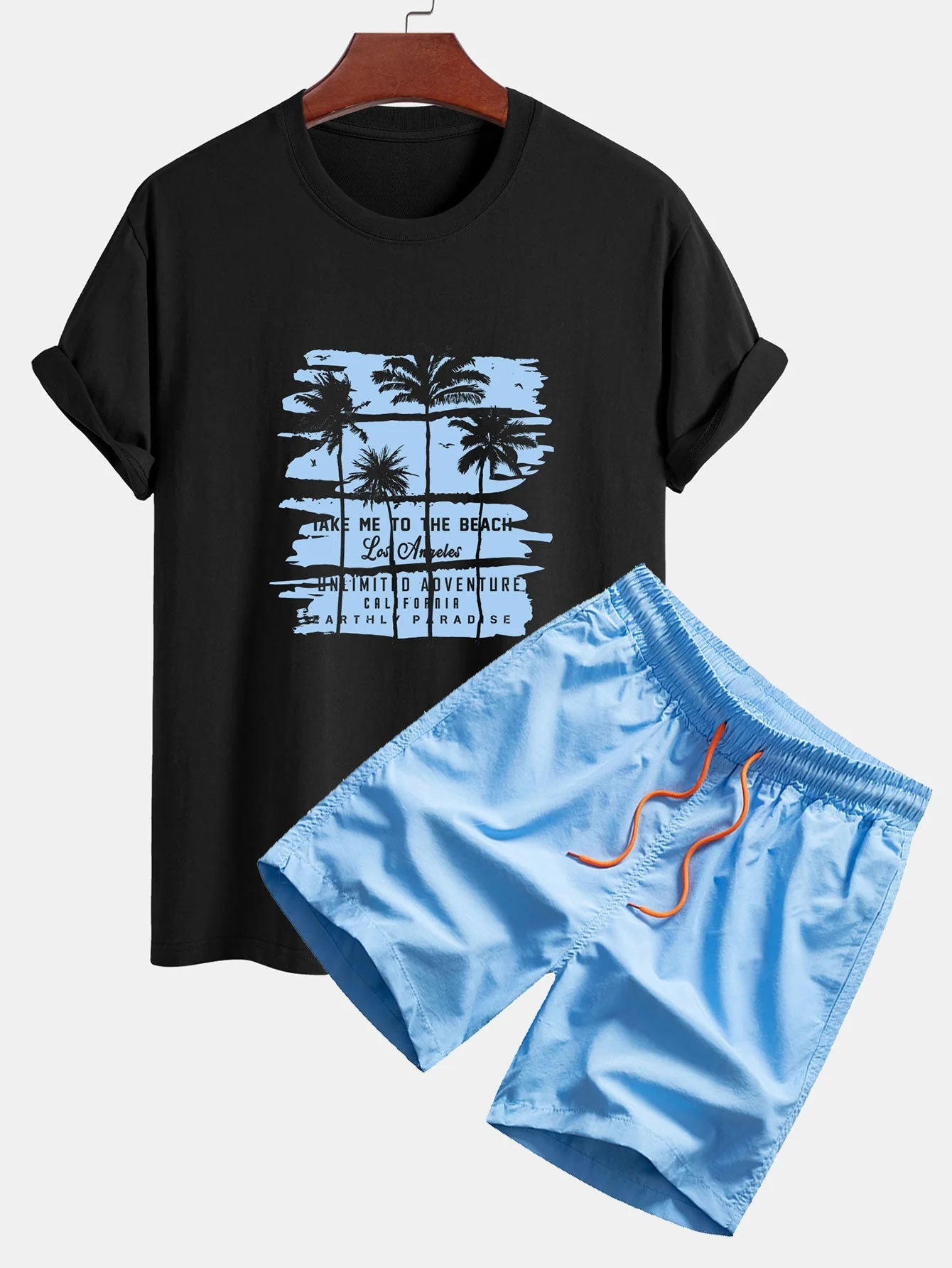Custodio® | Palm Tree Silhouette Print Cotton T-Shirt & Man Mid Length Drawstring Swim Shorts - Image 8
