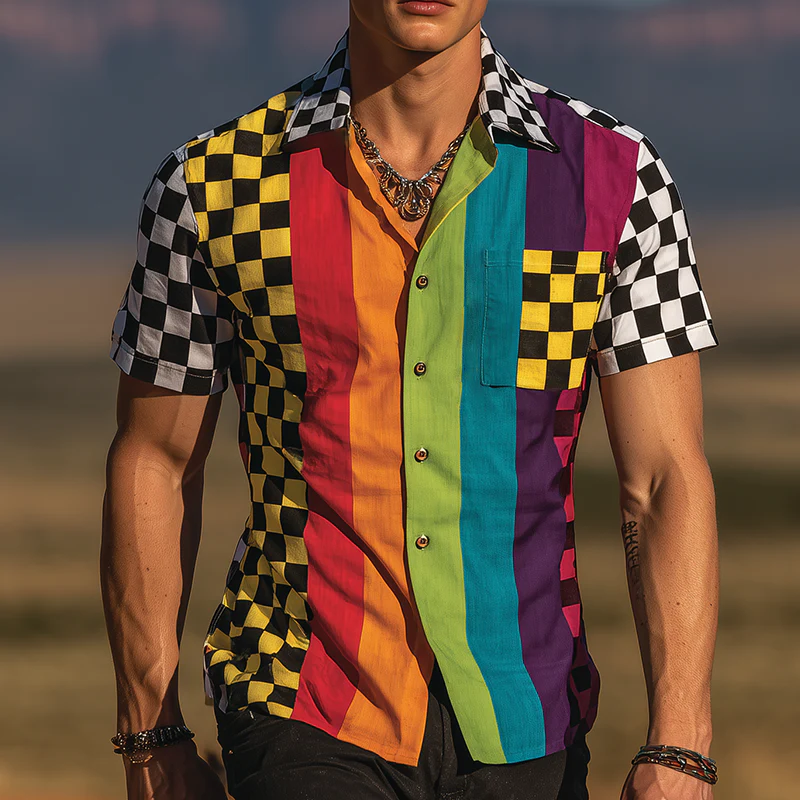 Dale | Men'S Retro Casual Rainbow Checkerboard Print Lapel Short Sleeve Shirt - Image 2
