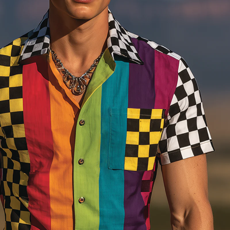 Dale | Men'S Retro Casual Rainbow Checkerboard Print Lapel Short Sleeve Shirt - Image 3