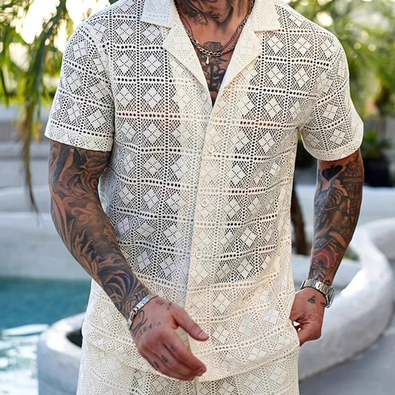 Dale | Men'S Solid Color Lace Short-Sleeved Shorts Two-Piece Set - Image 2