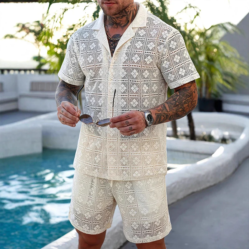 Dale | Men'S Solid Color Lace Short-Sleeved Shorts Two-Piece Set - Image 4