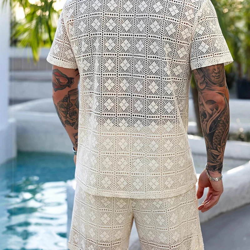 Dale | Men'S Solid Color Lace Short-Sleeved Shorts Two-Piece Set - Image 5