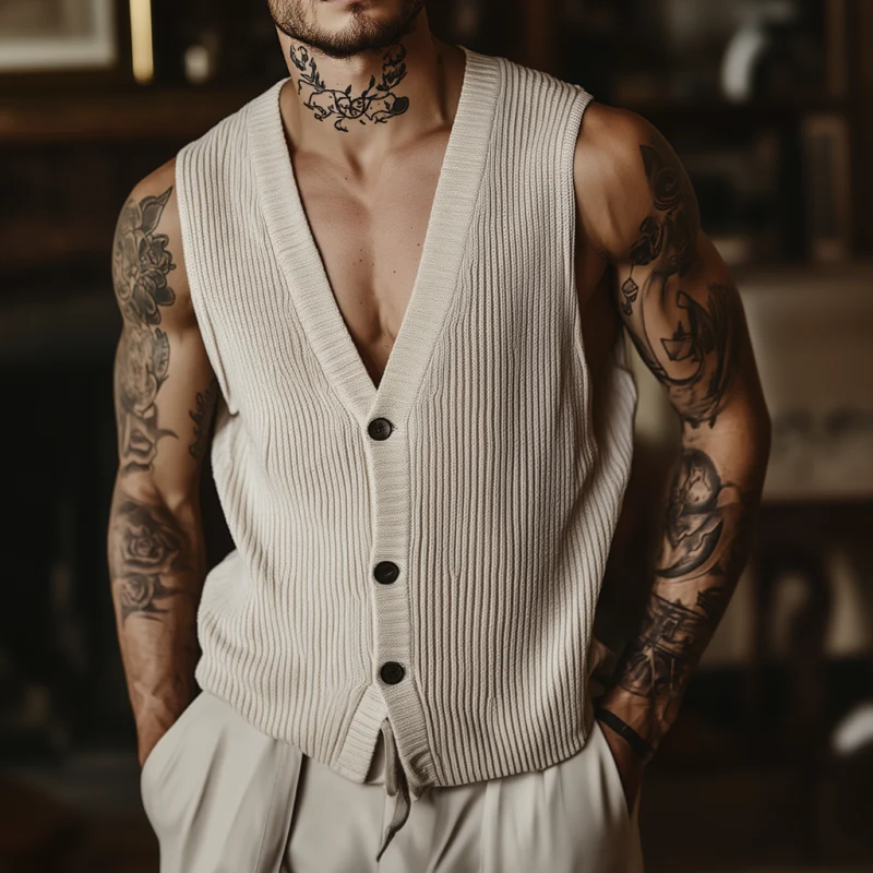 Dan | Men'S Casual Breathable Cotton Blended V-Neck Single-Breasted Loose Knitted Vest - Image 2