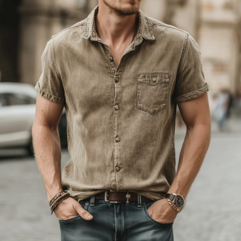 Dan | Men'S Casual Outdoor Denim Washed Distressed Lapel Patch Pocket Slim Fit Short-Sleeved Shirt - Image 2