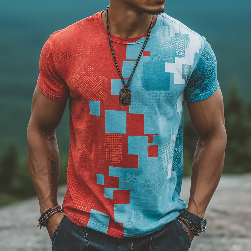 Dan | Men'S Retro Casual Contrast Color Geometric Print Round Neck Short Sleeve T-Shirt - Image 2