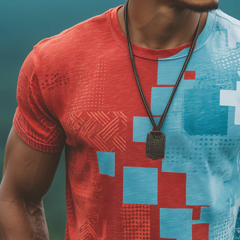Dan | Men'S Retro Casual Contrast Color Geometric Print Round Neck Short Sleeve T-Shirt - Image 3