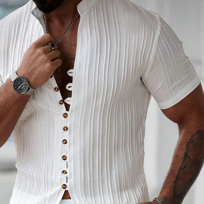 Dan | Men'S Solid Color Striped Textured Stand Collar Short Sleeve Shirt - Image 2