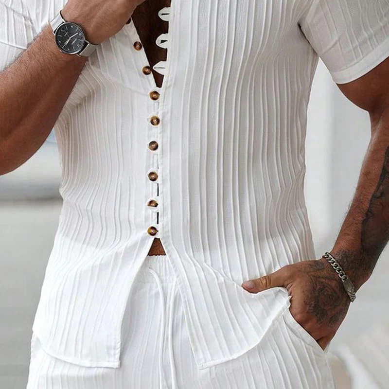 Dan | Men'S Solid Color Striped Textured Stand Collar Short Sleeve Shirt - Image 3