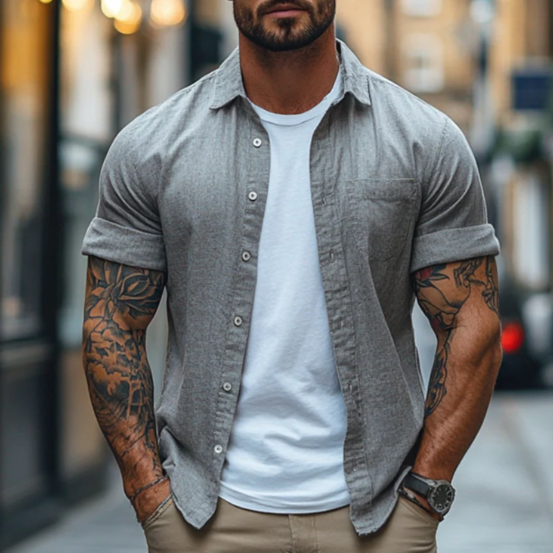 Dane | Men'S Vintage Casual Linen Pocket Lapel Short Sleeve Shirt - Image 2