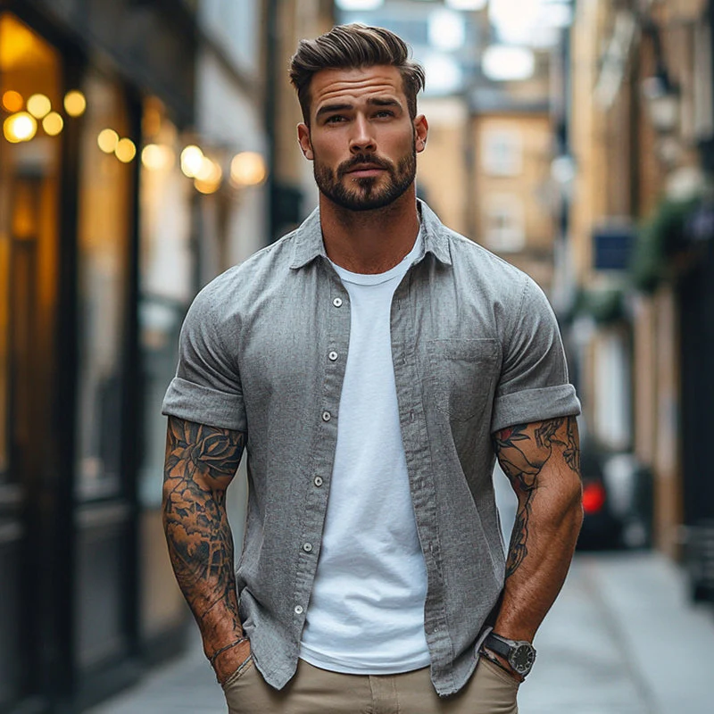 Dane | Men'S Vintage Casual Linen Pocket Lapel Short Sleeve Shirt - Image 3