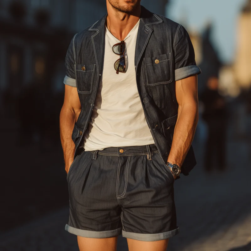 Daniel | Men'S Casual Outdoor Denim Washed Cuban Collar Multi-Pocket Short-Sleeved Shirt Suit Shorts Set - Image 2