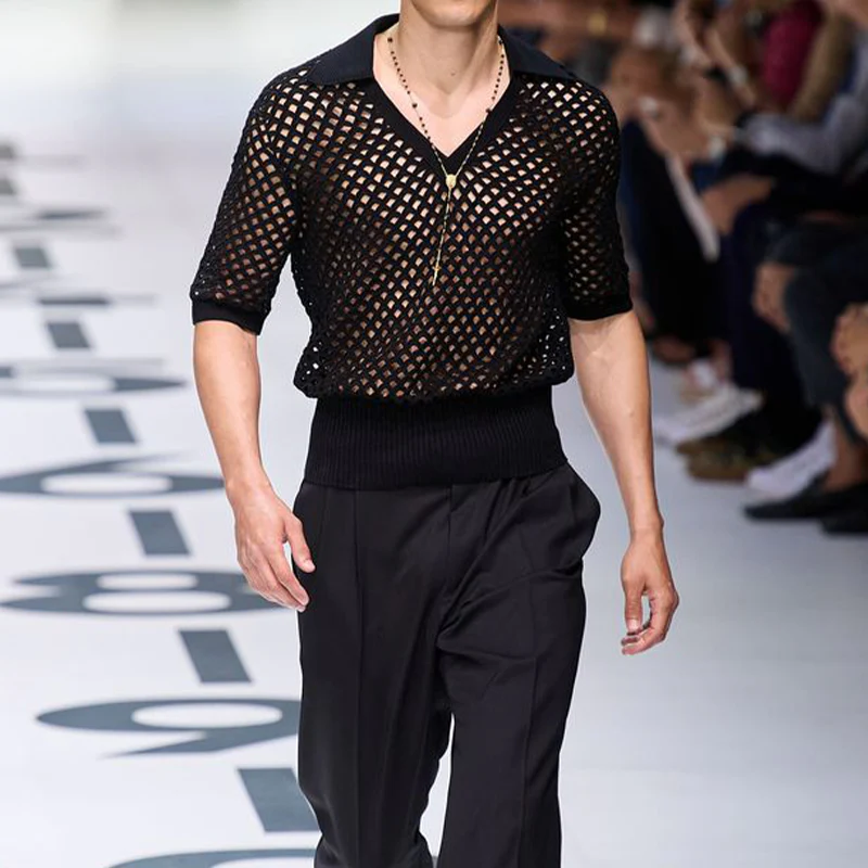 Darin | Men'S Spring And Summer Fashion Hollow Sexy Knitted Short-Sleeved Polo Shirt - Image 5