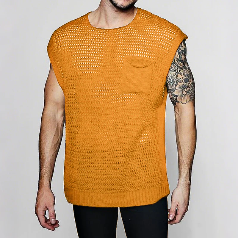 Dario | Men'S Spring And Summer Fashion Casual Hollow Knitted Round Neck Pocket Tank Top - Image 3