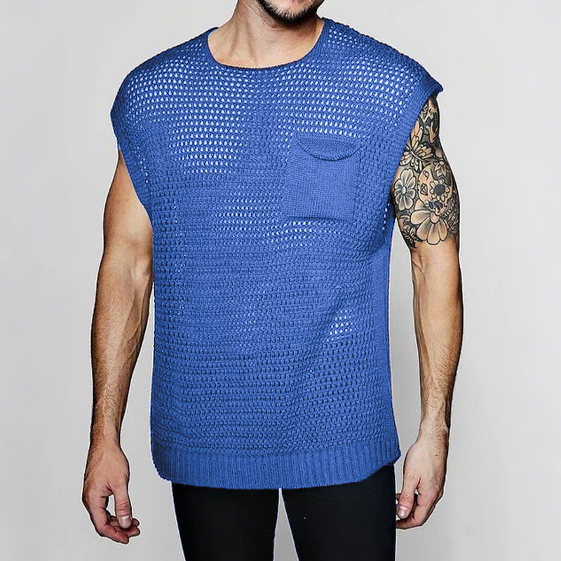 Dario | Men'S Spring And Summer Fashion Casual Hollow Knitted Round Neck Pocket Tank Top - Image 4