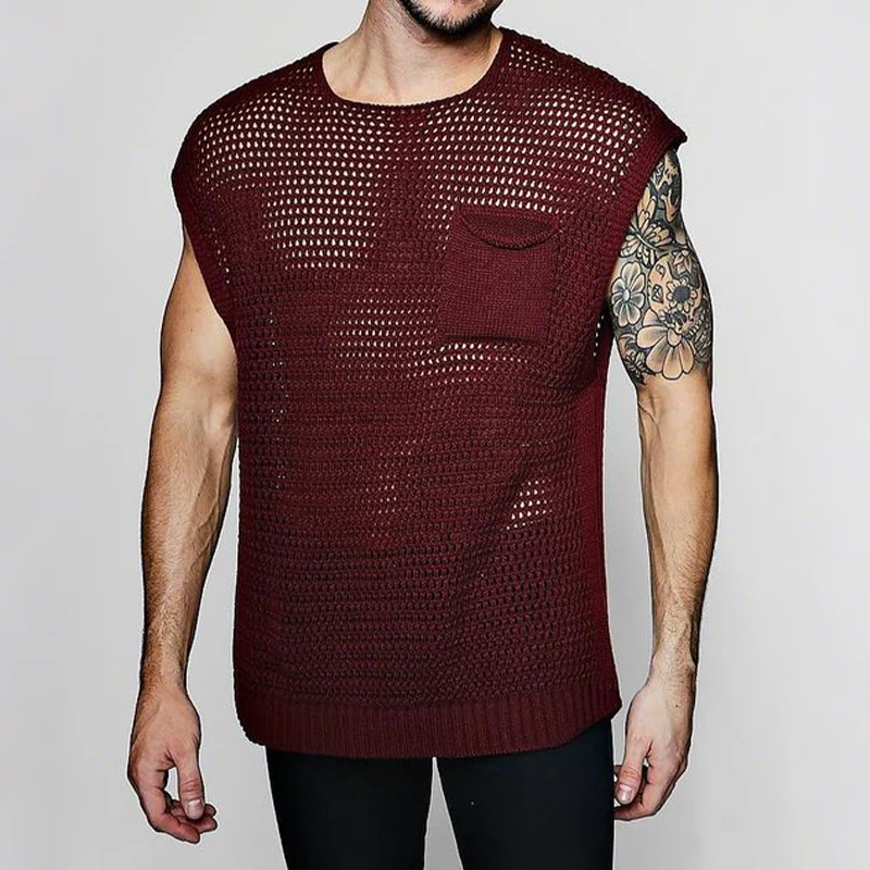 Dario | Men'S Spring And Summer Fashion Casual Hollow Knitted Round Neck Pocket Tank Top - Image 5