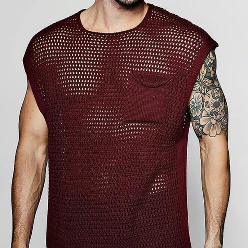 Dario | Men'S Spring And Summer Fashion Casual Hollow Knitted Round Neck Pocket Tank Top - Image 7