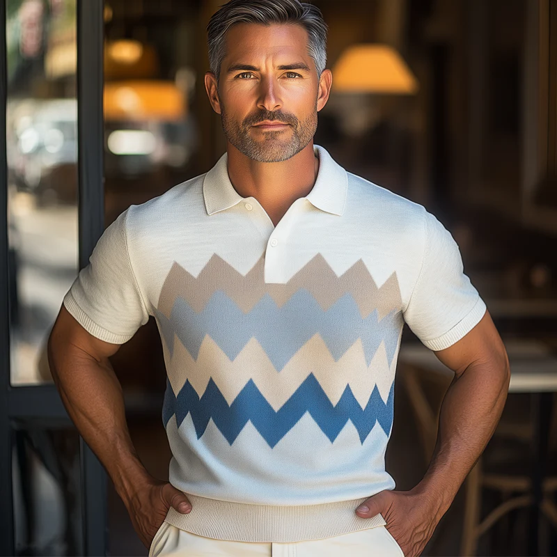Dario | Men'S Summer Geometric Colorblock Knitted Short Sleeve T-Shirt - Image 3