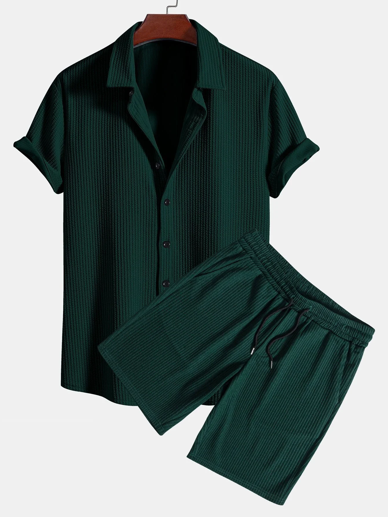 David® | Muscle Fit Ribbed Button Up Shirt & Shorts - Image 2