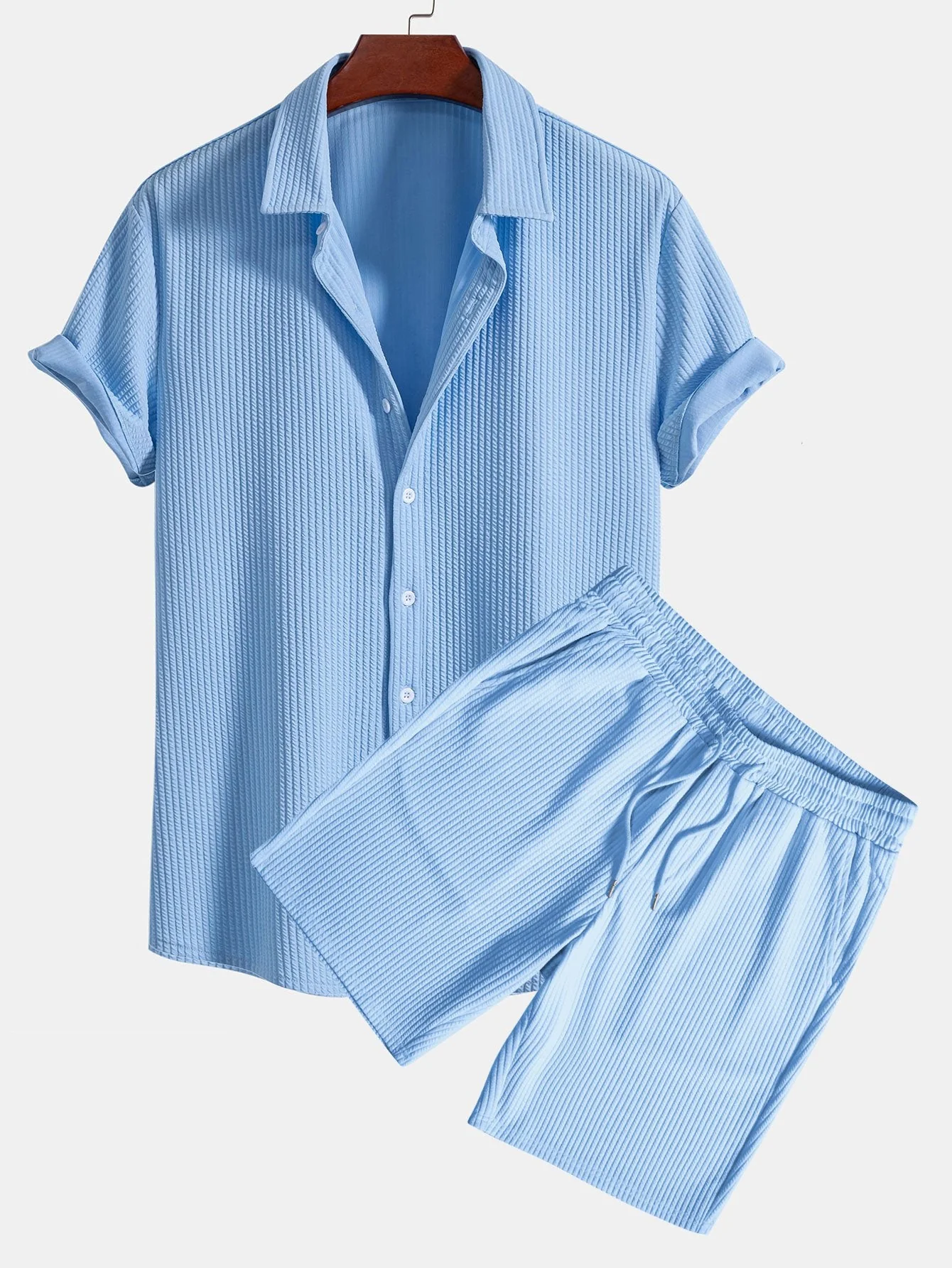 David® | Muscle Fit Ribbed Button Up Shirt & Shorts - Image 4