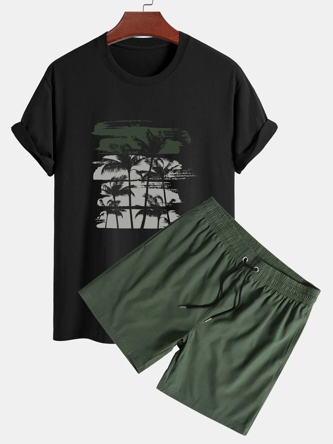 David® | Palm Tree Silhouette Print Cotton T-Shirt & Solid Drawstring Swim Shorts - Image 2