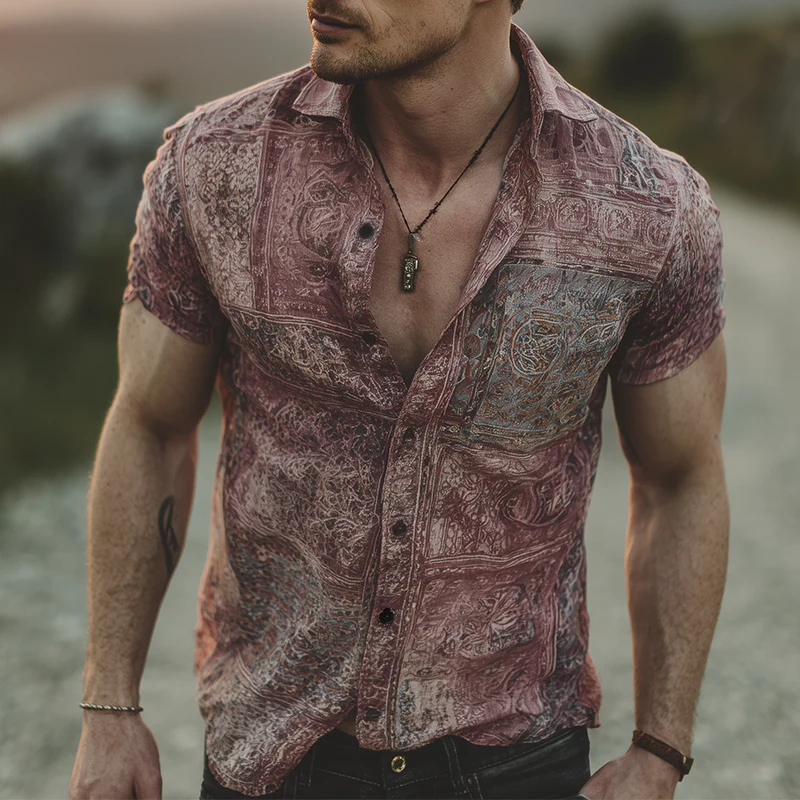 David | Men'S Retro Casual Gradient Print Lapel Short Sleeve Shirt - Image 2