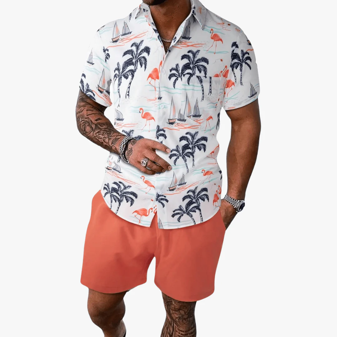 Demian | Men's Two-Piece Summer Outfit – Floral Button Shirt & Drawstring Shorts Set - Image 9