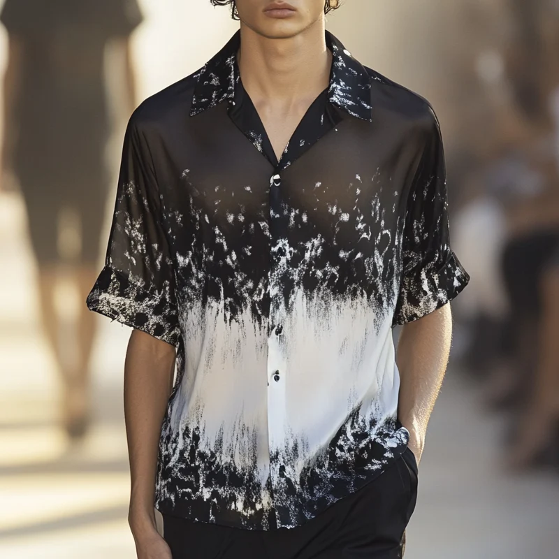 Dennis | Men'S Black And White Gradient Print Short-Sleeved Shirt - Image 2