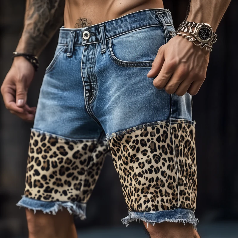Dennis | Men'S Casual Outdoor Washed Raw Edge Distressed Leopard Patchwork Slim Fit Denim Shorts - Image 2