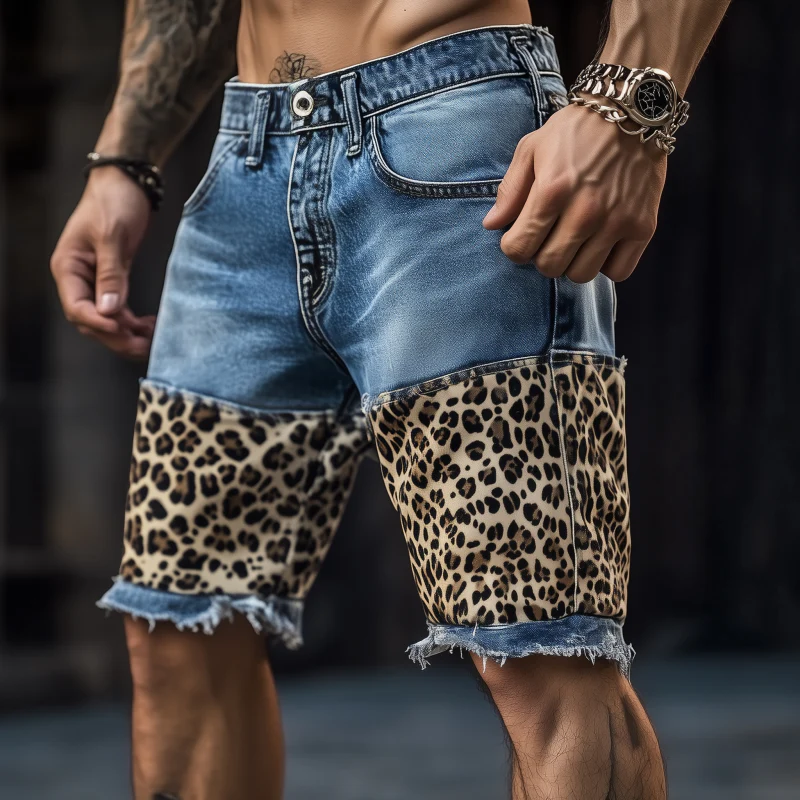 Dennis | Men'S Casual Outdoor Washed Raw Edge Distressed Leopard Patchwork Slim Fit Denim Shorts - Image 3