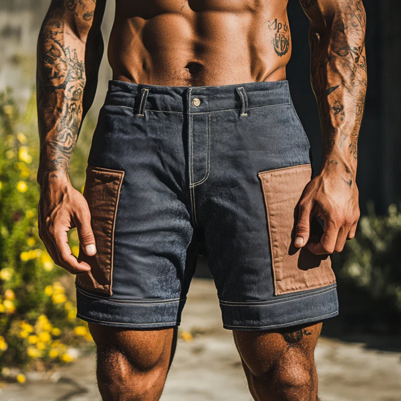 Derek | Men'S Casual Outdoor Washed Distressed Contrast Color Patchwork Slim Fit Denim Shorts - Image 4