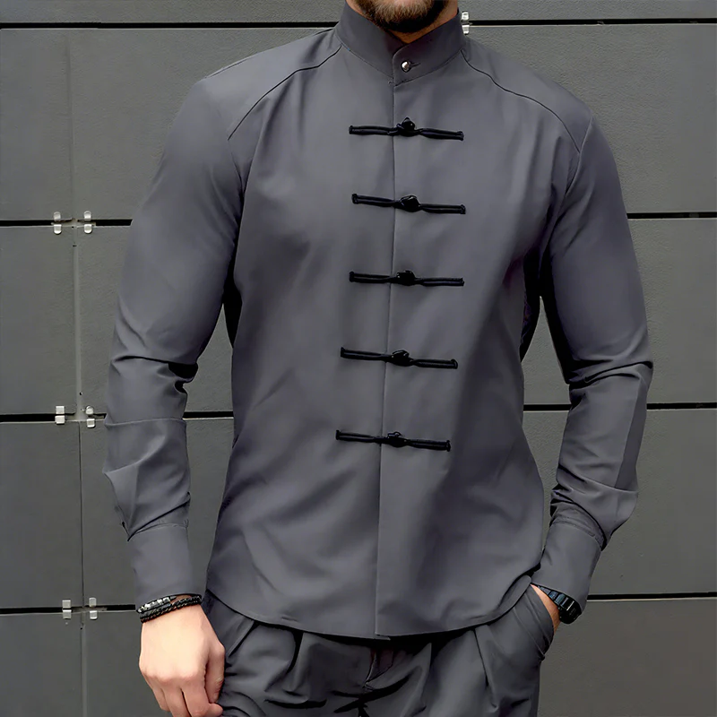 Derek | Men'S Retro Casual Solid Color Stand Collar Long Sleeve Shirt - Image 2
