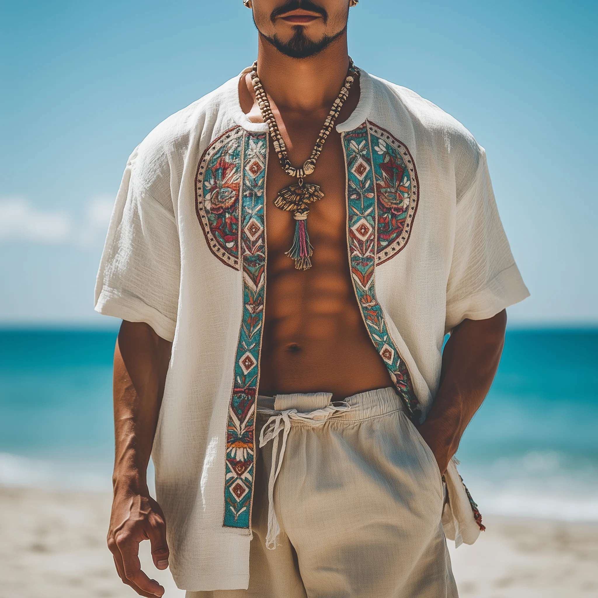 Devon | Men'S Summer Fashion Holiday Style Embroidered Cotton And Linen Short-Sleeved Open Shirt - Image 2