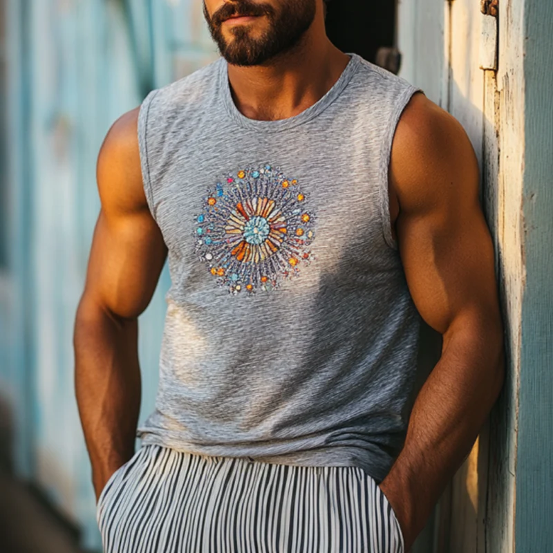 Diego | Men'S Bohemian Embroidered Breathable Bamboo Cotton Round Neck Slim Fit Tank Top - Image 2