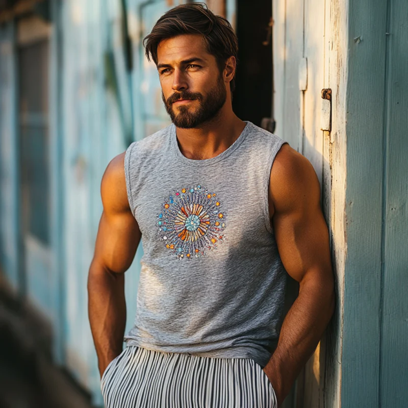 Diego | Men'S Bohemian Embroidered Breathable Bamboo Cotton Round Neck Slim Fit Tank Top - Image 3