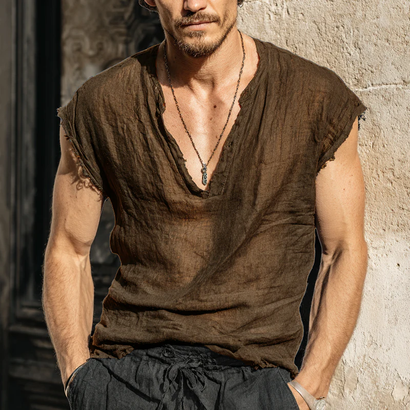 Diego | Men'S Solid Color Cotton And Linen V-Neck Tank Top - Image 2