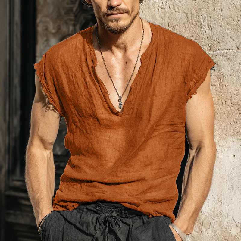 Diego | Men'S Solid Color Cotton And Linen V-Neck Tank Top - Image 3