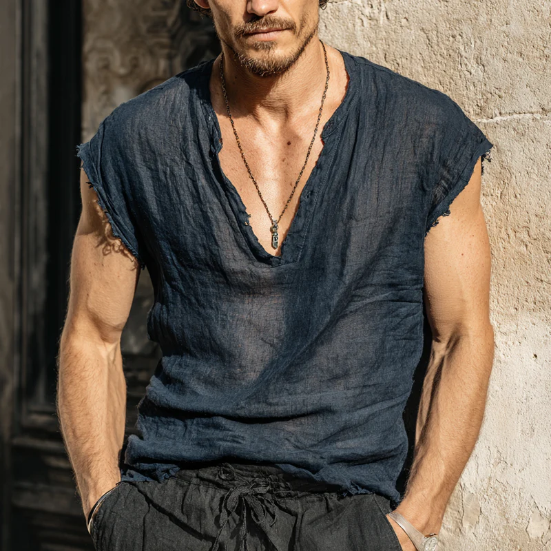 Diego | Men'S Solid Color Cotton And Linen V-Neck Tank Top - Image 4