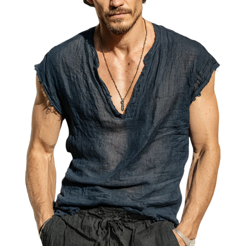 Diego | Men'S Solid Color Cotton And Linen V-Neck Tank Top - Image 5