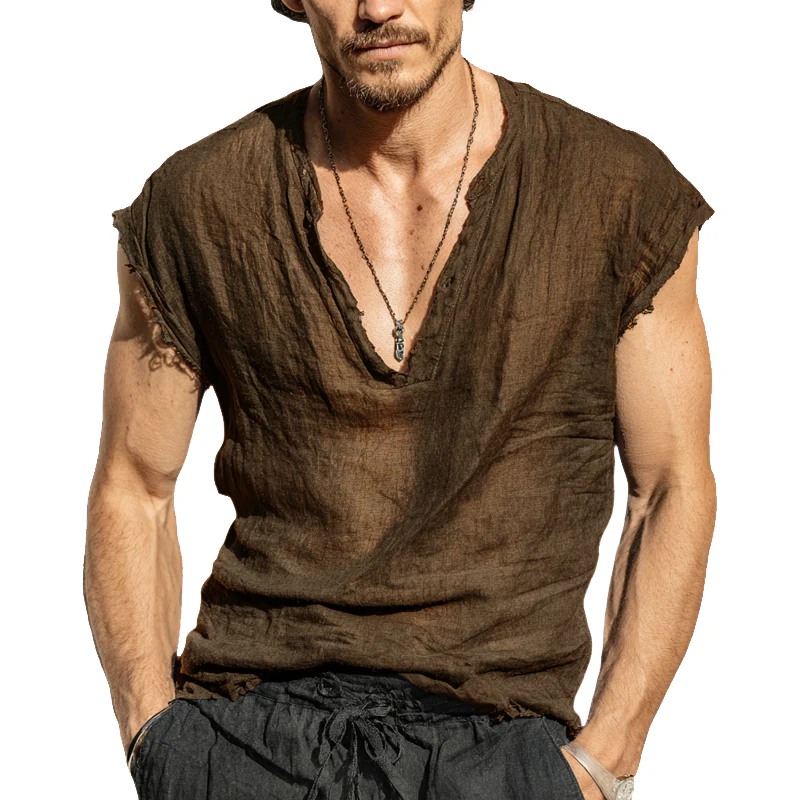 Diego | Men'S Solid Color Cotton And Linen V-Neck Tank Top - Image 6