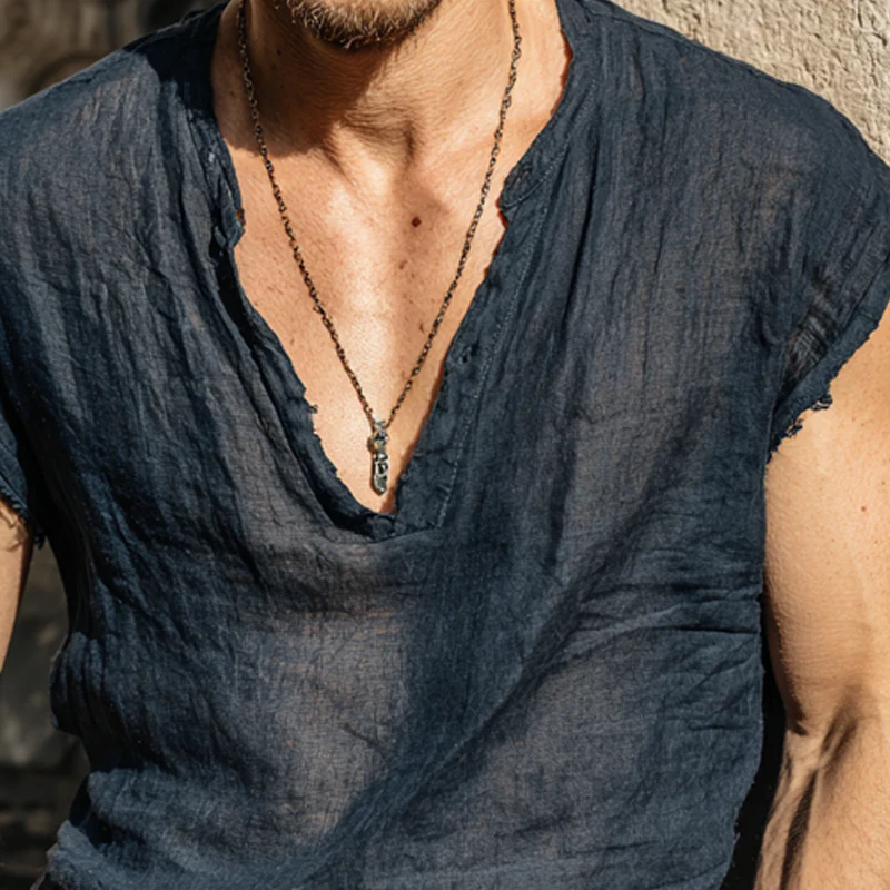 Diego | Men'S Solid Color Cotton And Linen V-Neck Tank Top - Image 7