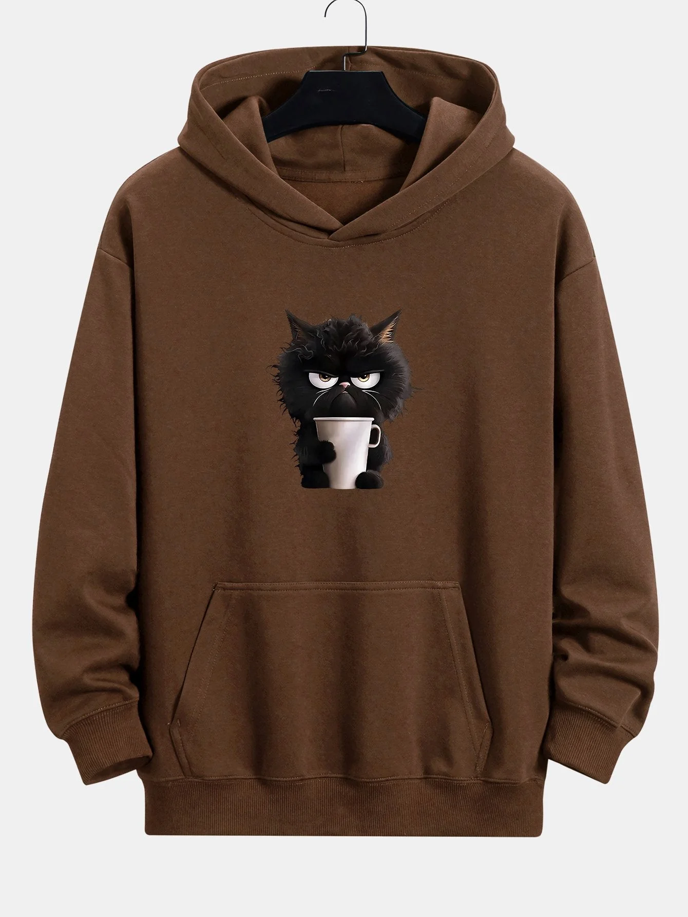 Donald | Black Cat Drinking Coffee Print Relax Fit Hoodie - Image 2