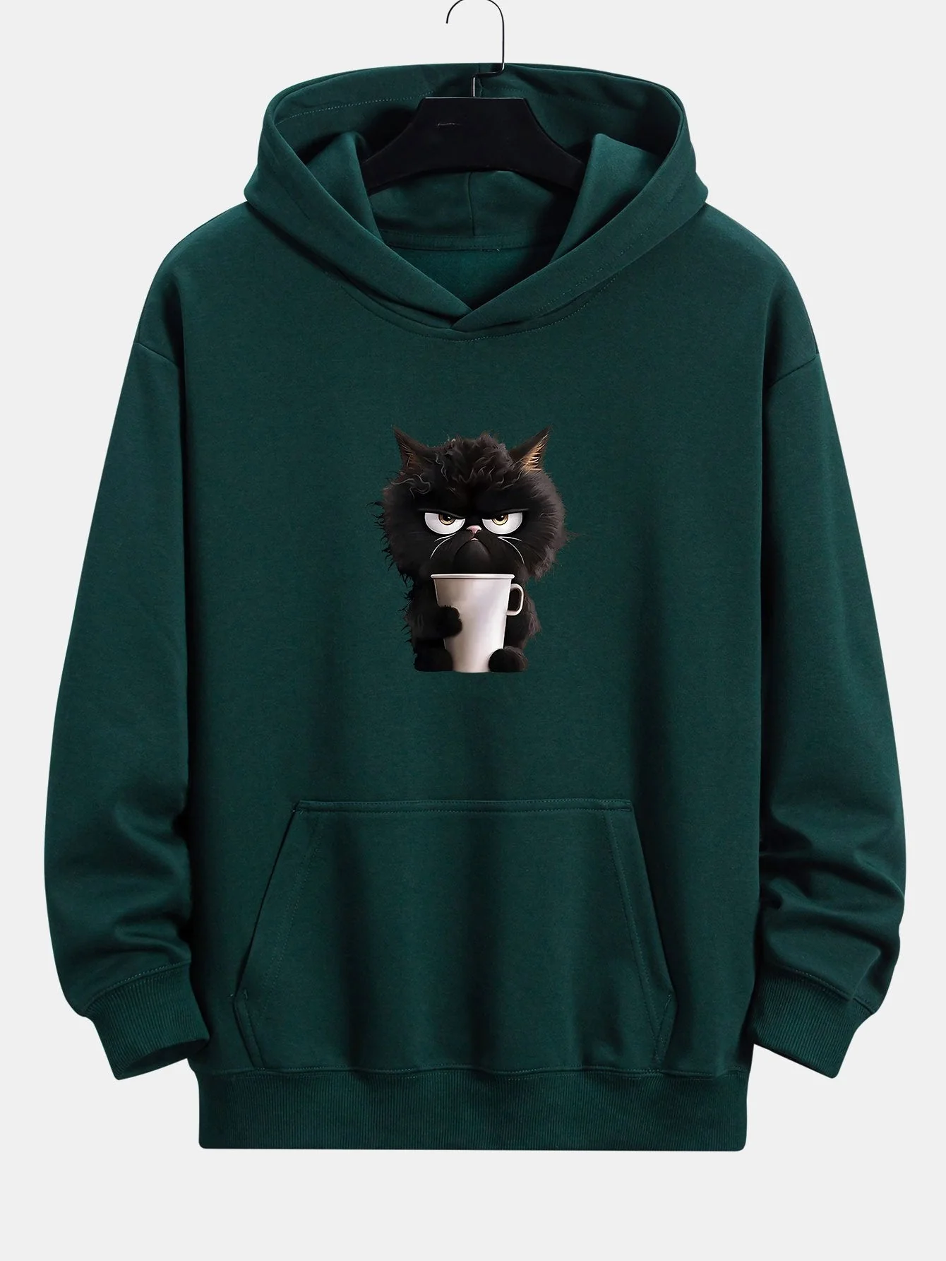 Donald | Black Cat Drinking Coffee Print Relax Fit Hoodie - Image 3