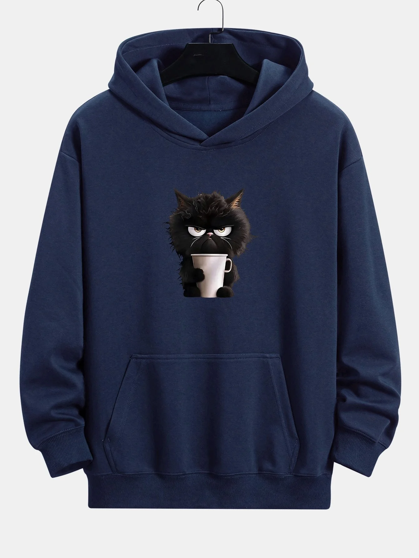 Donald | Black Cat Drinking Coffee Print Relax Fit Hoodie - Image 4
