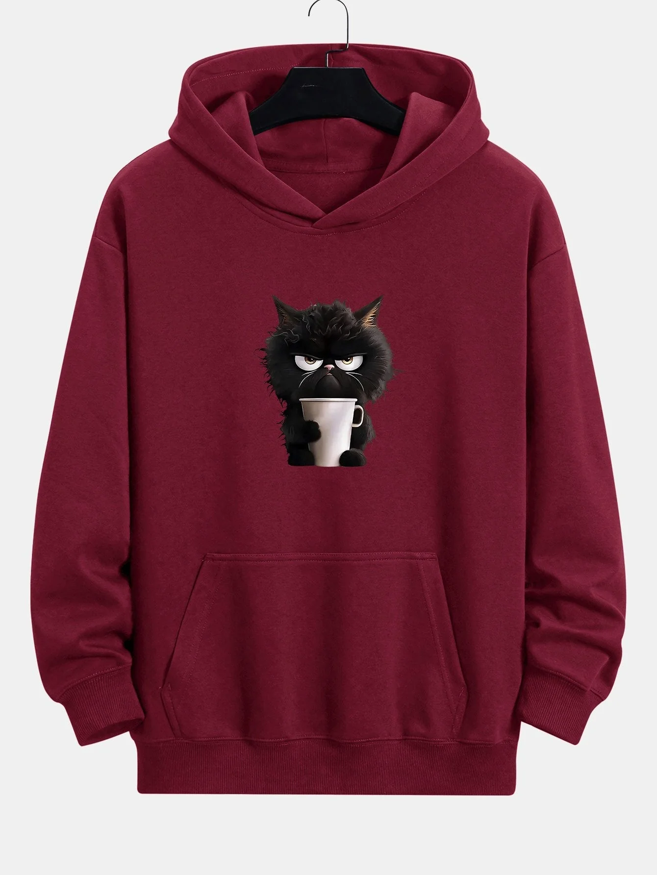 Donald | Black Cat Drinking Coffee Print Relax Fit Hoodie - Image 5