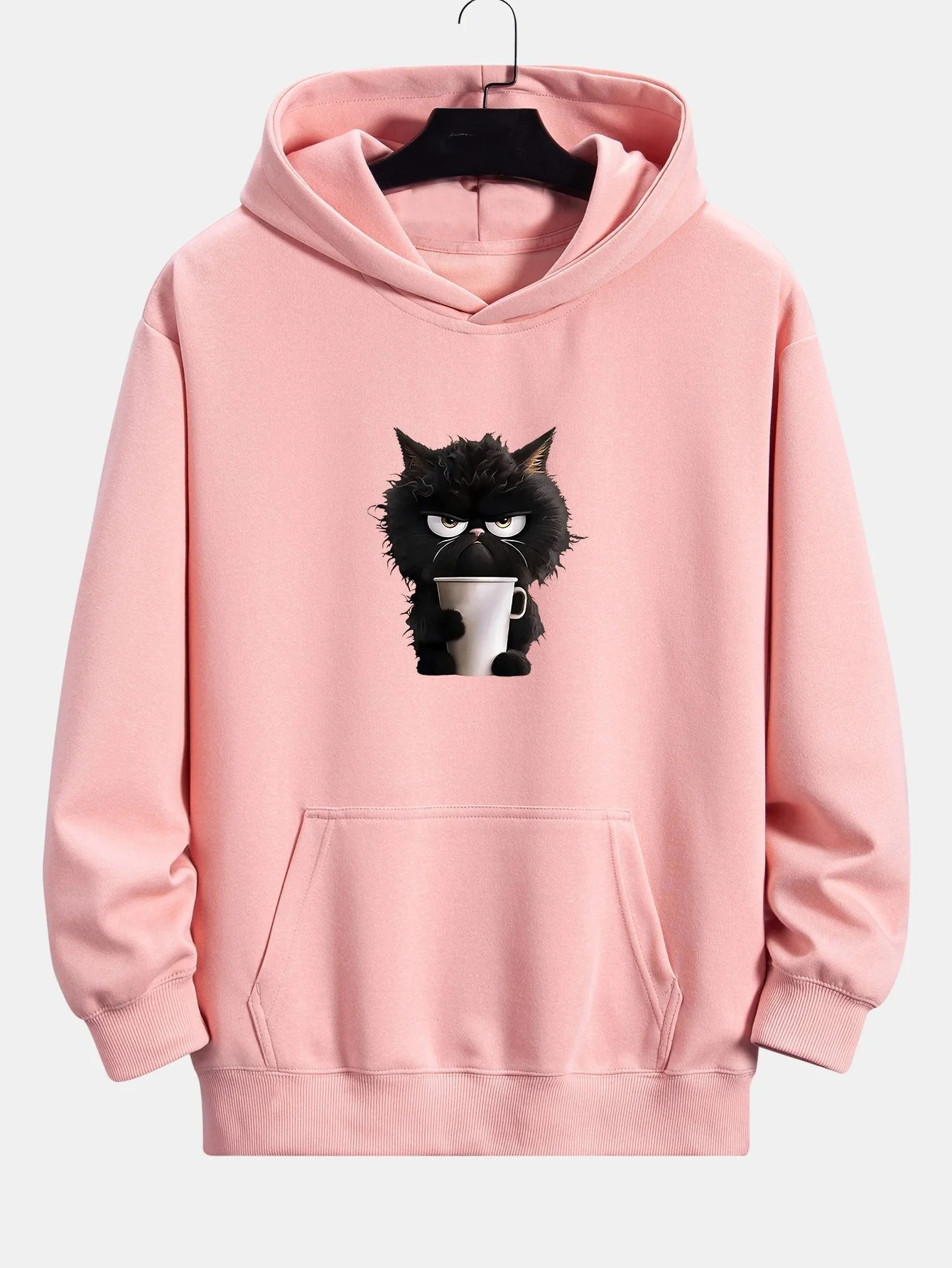 Donald | Black Cat Drinking Coffee Print Relax Fit Hoodie - Image 6